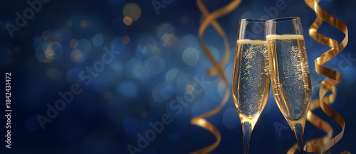 new year's background with champagne glasses and golden ribbons 