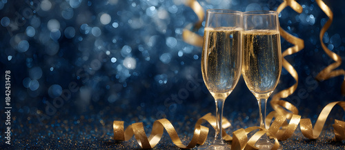 new year's background with champagne glasses and golden ribbons 