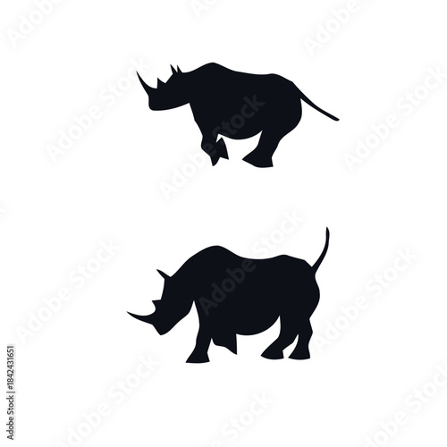 Two black rhinos walking in different directions, illustrated in a simple graphic style