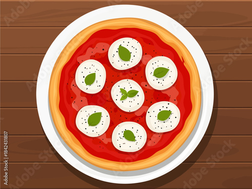 Resting on a dark wooden surface, this stylized overhead view of a Margherita pizza features a golden crust holding vibrant red sauce, seven seasoned mozzarella rounds, and fresh green basil leaves