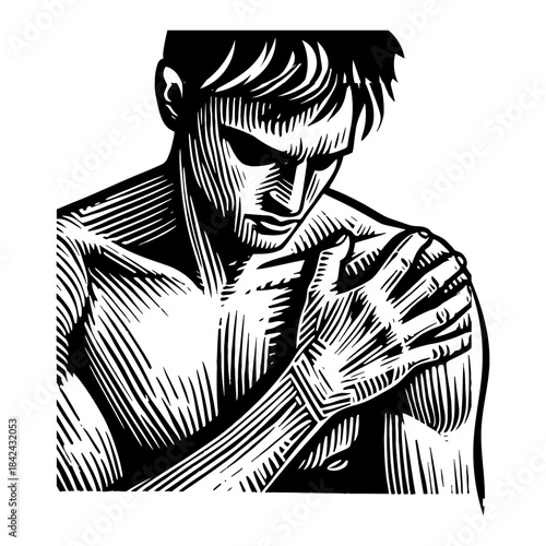 Man Holding Shoulder In Pain With Strong Shadow Contrast Black And White Engraving Style