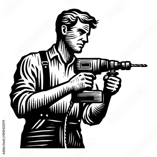 Man In Overalls Holding Power Drill Focused On Drilling Task With White Background