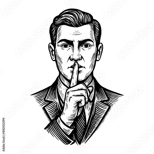 Man In Suit Gesturing For Silence With Finger To Lips Retro Engraving Style Black And White Portrait