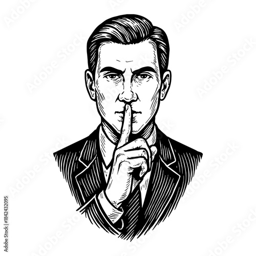 Man in Suit Gestures for Silence with Finger to Lips Black and White Illustration