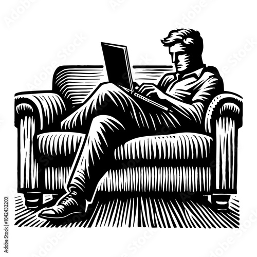 Man Sitting in Armchair Typing on Laptop with High Contrast Woodcut Style