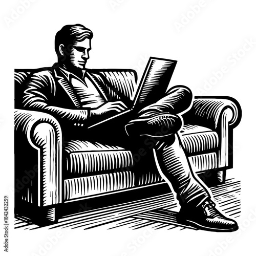 Man Working On Laptop Sitting Comfortably On Sofa