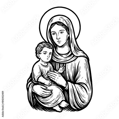 Mother Holding Child With Halo And Outline Artistic Drawing Black And White