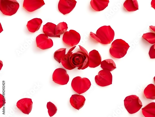 simple illustration of stylized cute and cozy red heart made entirely of delicate rose petals on clean and crisp white background