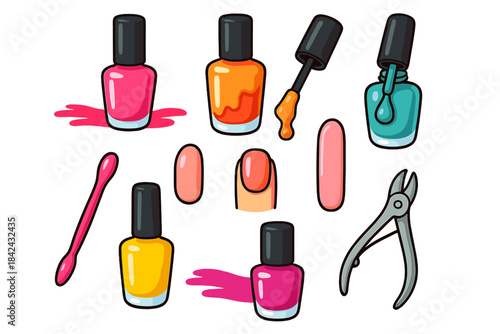 Assortment of vibrant nail polish bottles, nail samples, and essential manicure tools