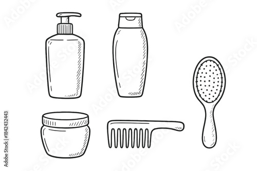 Collection of personal hygiene and hair care products including shampoo bottles, lotion jar, comb, and hairbrush