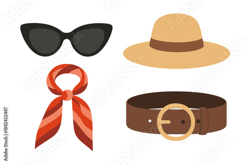 Summer fashion accessories collection including sunglasses, sun hat, patterned scarf, and leather belt