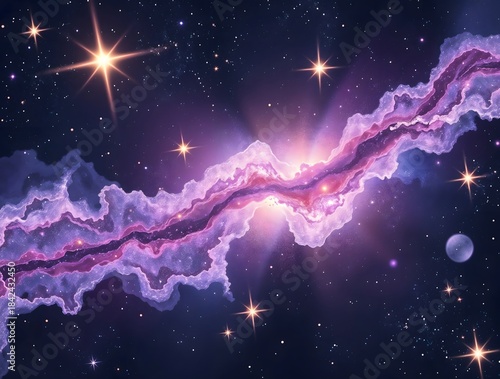 Stylized space background with a realistic nebula that shimmers in hues of purple and blue, and shining stars