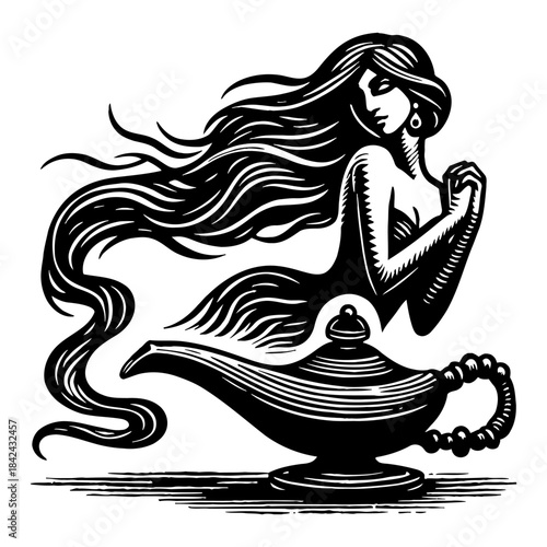 Mysterious Genie Emerging From Oil Lamp Black And White Artistic Illustration Detailed Hair Flowing Wispy Smoke