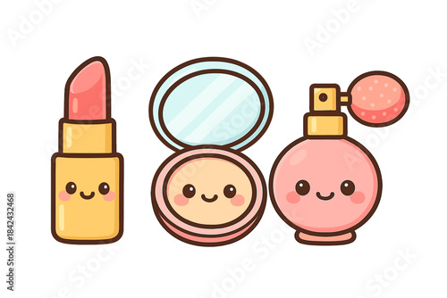 Adorable kawaii cosmetic set featuring lipstick compact mirror and perfume sprayer bottle