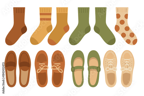 Cozy socks and stylish footwear assortment featuring loafers, flats, and sneakers
