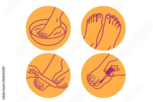 Foot care and pedicure process including soaking, filing, and applying nail polish for spa treatment