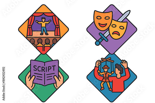 Theater and drama symbols set featuring stage acting, scripts, masks, and puppets