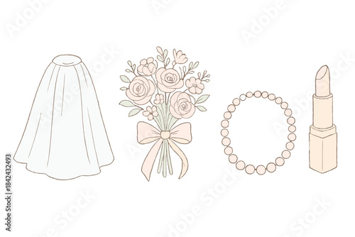 Bridal accessories set including veil, floral bouquet, pearl necklace, and lipstick
