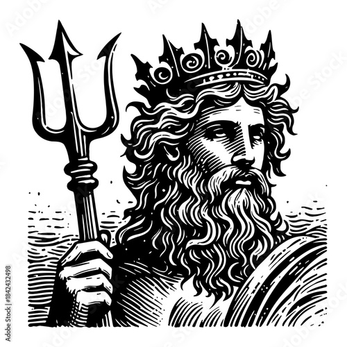 Mythological King God With Trident Crown Bearded In Profile Holding Shield In Ocean