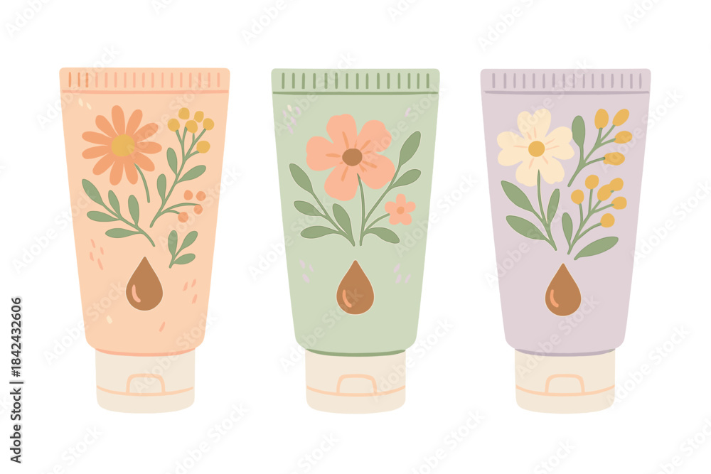 Fototapeta premium Three pastel cosmetic tubes with organic floral patterns and essential oil drops