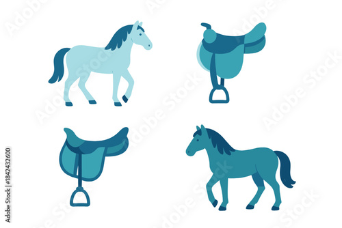 Stylized horses and riding saddles set in blue and teal colors for equestrian themes