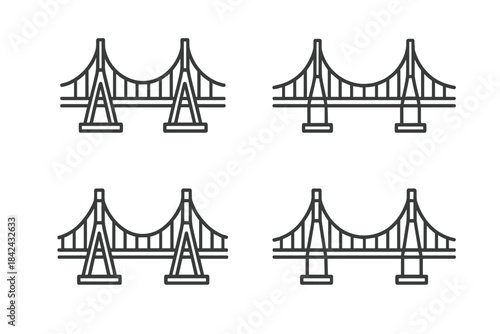 Minimalist line art symbols depicting large suspension bridges and overpasses