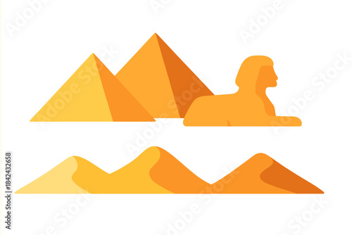 Stylized depiction of the Great Sphinx and Pyramids of Giza resting above desert sand dunes