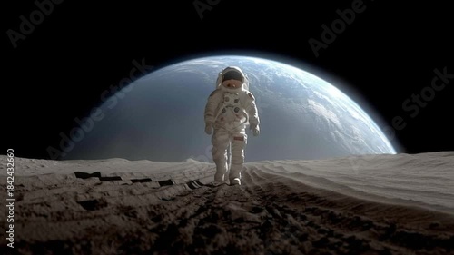 Astronaut walks on moon surface with Earth in background