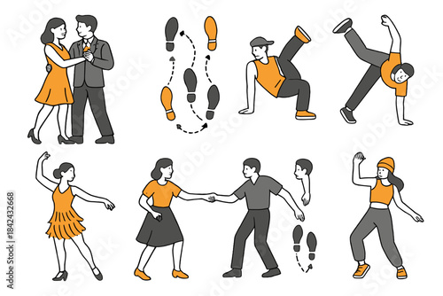 Set of diverse dance styles figures including ballroom, swing, and breakdancing with footstep diagrams