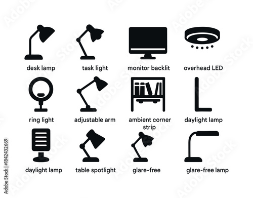Home Office Lighting Icons. Home office lighting. Solid icon set