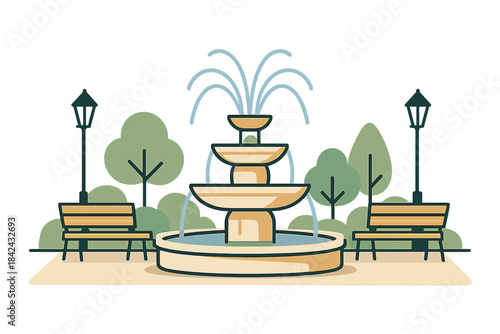 Tiered fountain in a public park surrounded by benches and streetlights