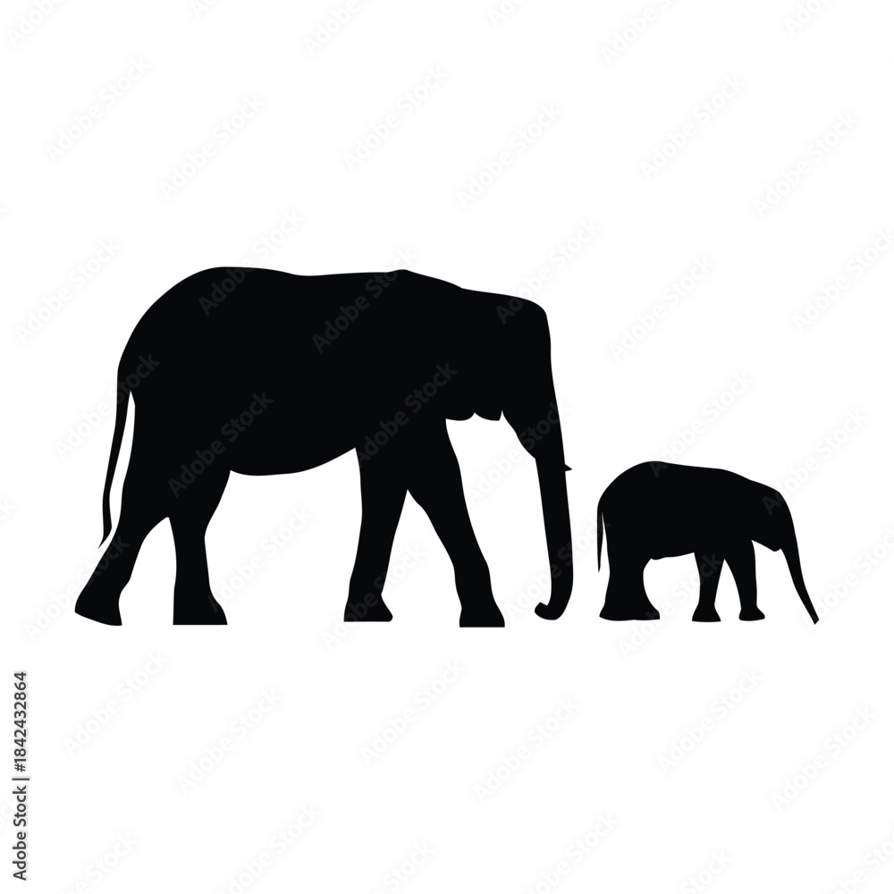 Fototapeta premium Majestic black silhouette of an adult elephant walking alongside its adorable baby, symbolizing family bonds and the wild