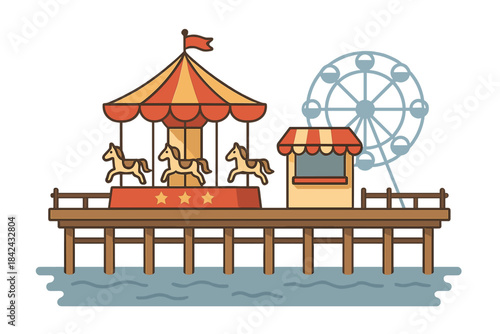 Colorful carousel merry-go-round and ticket booth on a classic amusement park pier over the ocean water