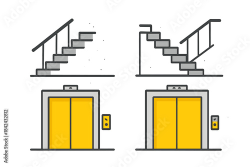 Collection of architectural elements featuring interior staircases and closed yellow elevator doors