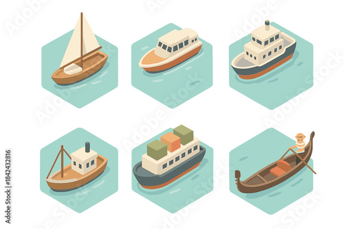 Six different types of watercraft including fishing boat, gondola, sailboat, and large cargo ship