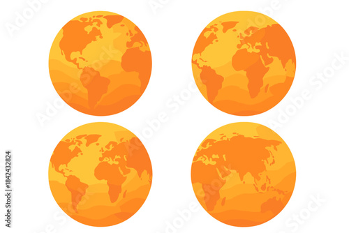 Stylized orange and yellow globes symbolizing Earth continents and global warming crisis