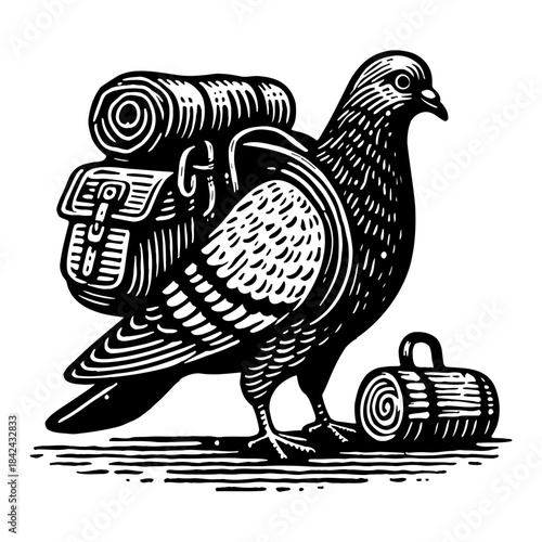 Pigeon With Backpack On Back And Rolled Mat Near Feet Woodcut Illustration