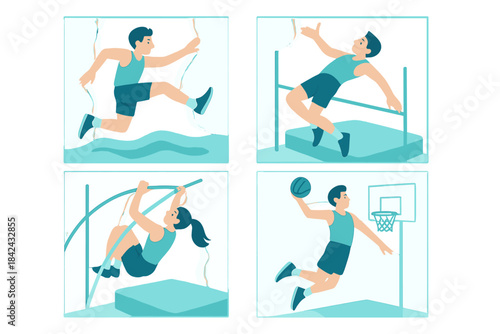 Four panels depicting track and field events and basketball action in modern graphic style
