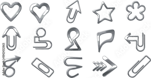 Collection of shaped paper clips, silver metal wire icons including heart star and arrow, vector illustration isolated on white background for stationery.