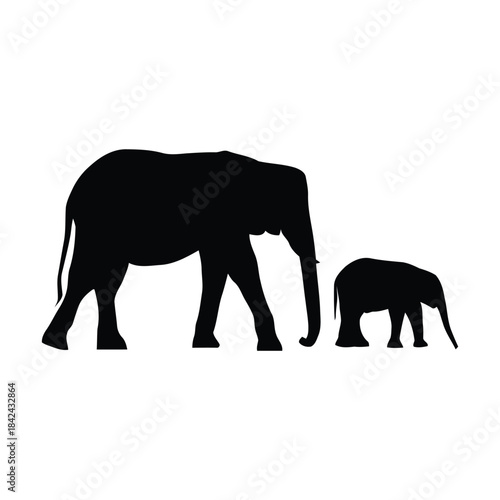 Majestic black silhouette of an adult elephant walking alongside its adorable baby, symbolizing family bonds and the wild