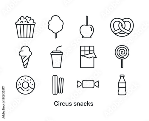 Circus Snack Icons. Circus snacks. Line icon set of Circus snack