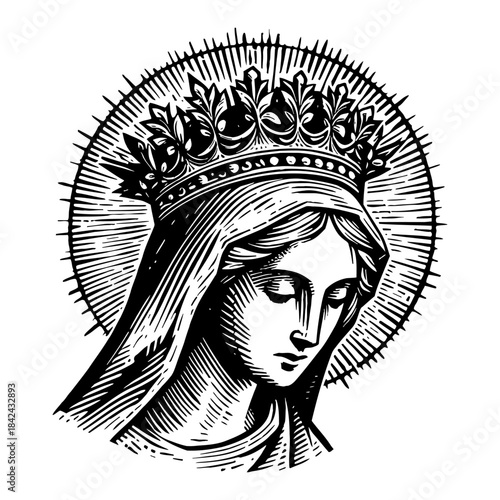 Religious Illustration Of A Crowned Virgin Mary With Halo In Black And White