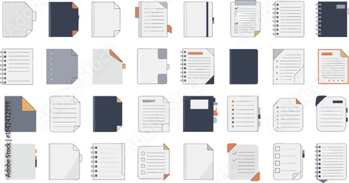 Document file and notebook icons with pages checklists folders and planner graphics