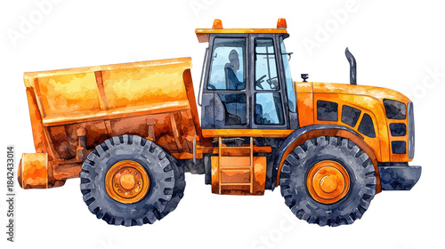 Watercolor Painting of a Bright Yellow Dump Truck in Side View