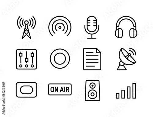Radio Icon Collection. Radio Broadcasting. Line icon set of Radi