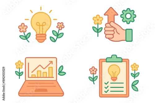Symbols representing business development concepts, creative ideas, market growth, and strategic execution