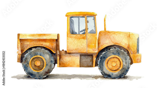 Watercolor Illustration of a Yellow Bulldozer Construction Vehicle