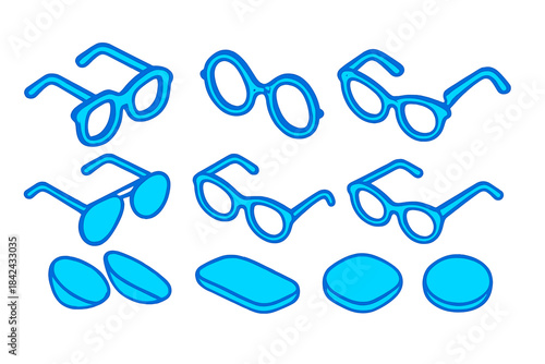 Isometric set of optical accessories including various styles of eyeglasses, sunglasses, and contact lenses