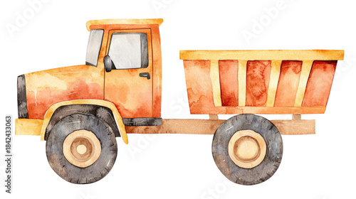 Vibrant Watercolor Illustration of a Dump Truck with Orange Tones