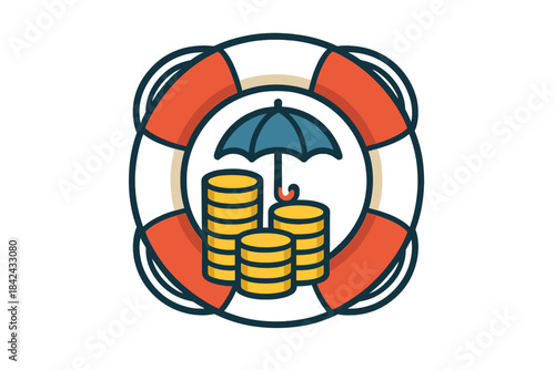 Gold coins shielded by an umbrella and lifebuoy ring symbolizing financial security